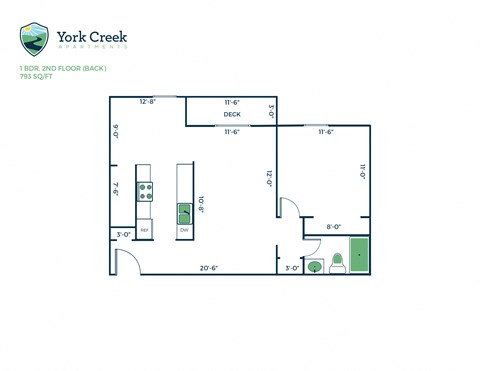 Floor plan for 1 bed, 1 bath, 793 sqft